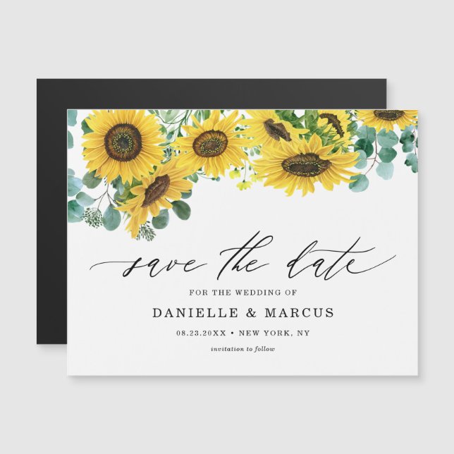 Invitation Magnétique Aquarelle tournesol et Eucalyptus Enregistrer la d (Devant / Derrière)