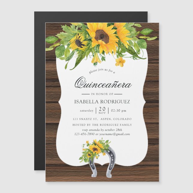 Invitation Magnétique Aquarelle Tournesol Rustique Ouest Quinceañera (Devant / Derrière)