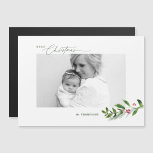 Invitation Magnétique Aquarelle Végétation d'hiver Photo de Noël moderne