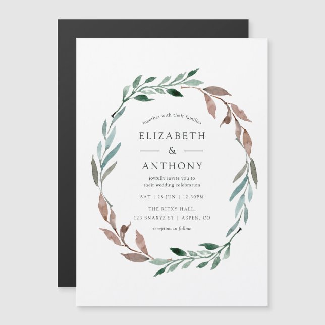 Invitation Magnétique Aquarelle Verdure rustique Mariage d'hiver (Devant / Derrière)
