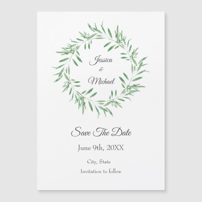Invitation Magnétique Aquarelle Vert Olive Wreath Enregistrer La Date (Devant)