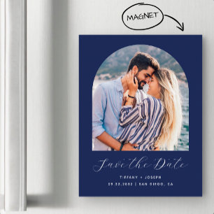 Invitation Magnétique Arc Boho minime photo bleu marine Script