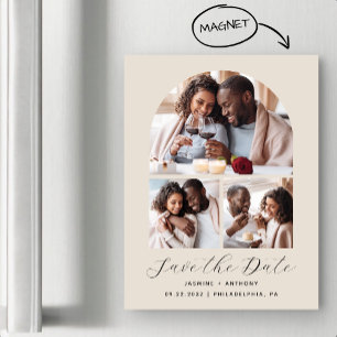 Invitation Magnétique Arche minimale 3 photos beige Enregistrer la date