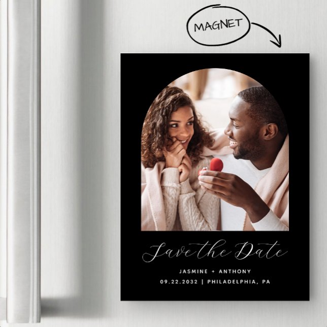 Invitation Magnétique Arche photo Boho minimal noir Enregistrer la date (Créateur téléchargé)