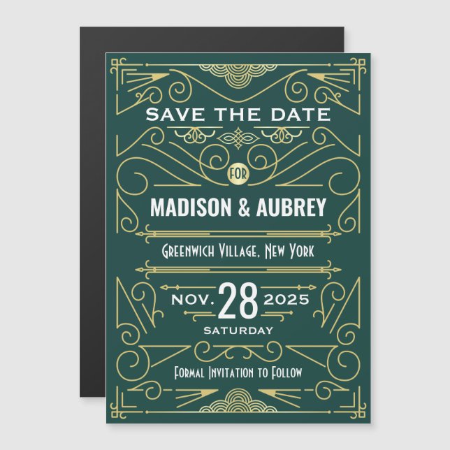 Invitation Magnétique Art Déco Enregistrer la date Mariage Elegant Gold  (Devant / Derrière)