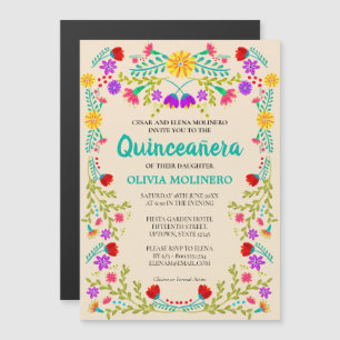Invitation Magnétique Artisanat Mexicain Fleurs Champagne Quinceanera