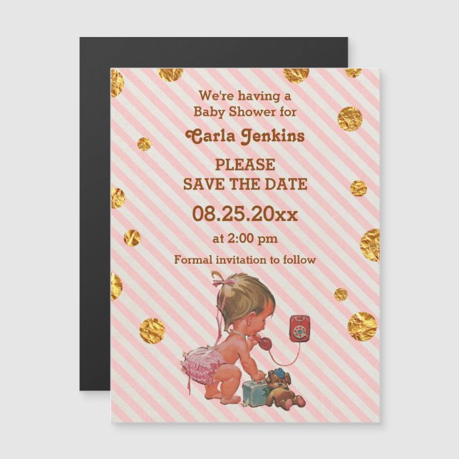 Invitation Magnétique Baby Girl On Phone Gold Confetti Enregistrer La Da (Devant / Derrière)