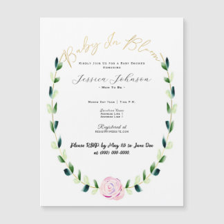 Invitation Magnétique Baby In Bloom - Floral Watercolor & Gold Card