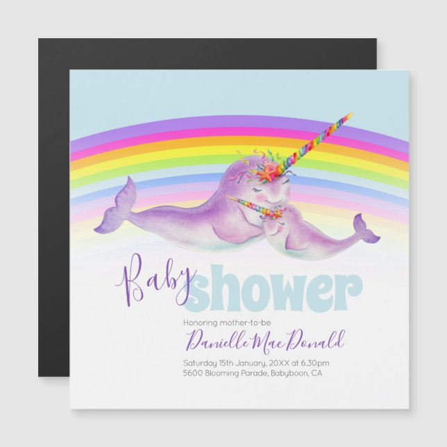 Invitation Magnétique Baby shower arc-en-ciel narval mignon (Devant / Derrière)