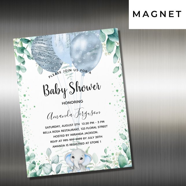 Invitation Magnétique Baby shower bleu éléphant eucalyptus garçon luxe (Créateur téléchargé)
