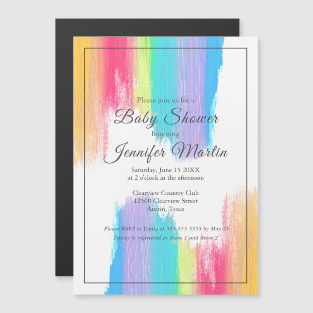 Invitation Magnétique Baby shower de peinture à l'aquarelle arc-en-ciel (Devant / Derrière)