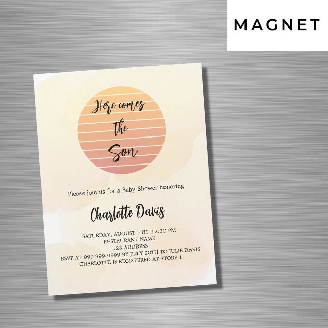 Invitation Magnétique Baby shower ici vient le fils soleil de luxe (Créateur téléchargé)