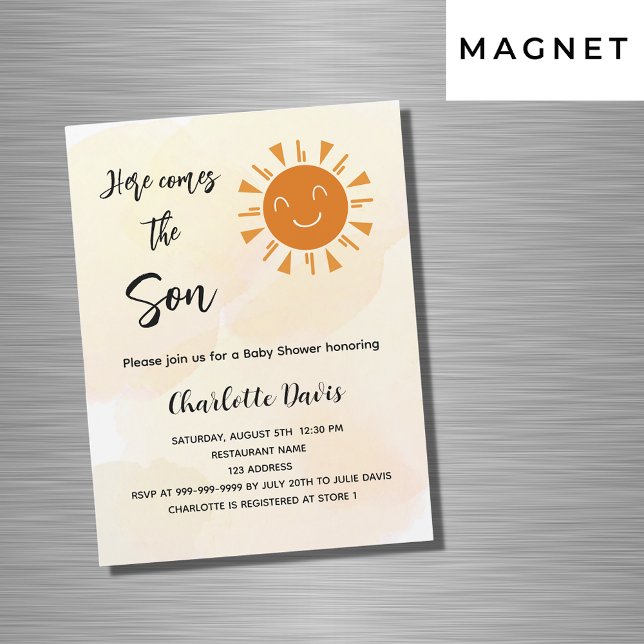 Invitation Magnétique Baby shower ici vient le fils soleil de luxe (Créateur téléchargé)