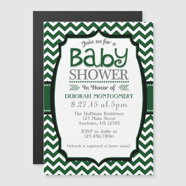 Invitation Magnétique Baby shower magnétique foncé vert Chevron Invitati (Devant / Derrière)