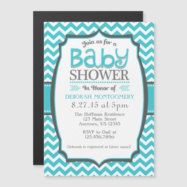 Invitation Magnétique Baby shower magnétique Turquoise Turquoise Chevron (Devant / Derrière)