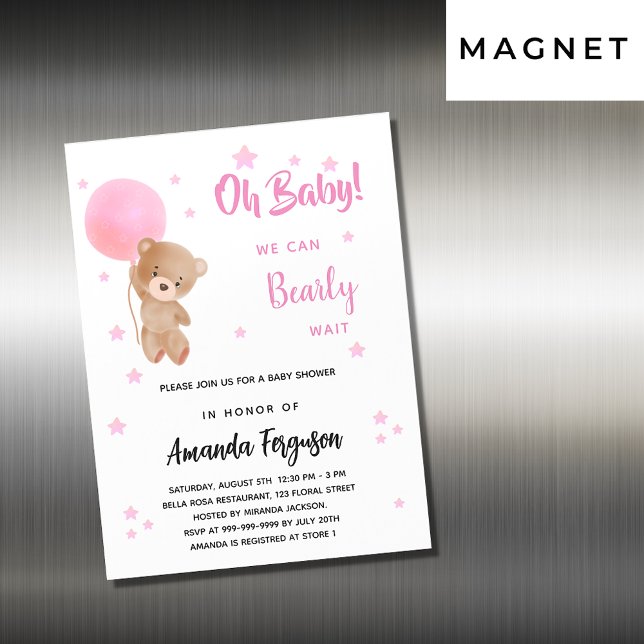 Invitation Magnétique Baby shower ours en peluche fille ballon rose luxe (Créateur téléchargé)