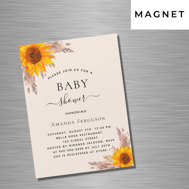 Invitation Magnétique Baby shower pampas herbe tournesol luxe (Créateur téléchargé)