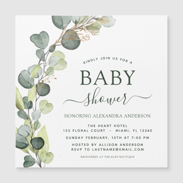 Invitation Magnétique Baby shower Verdure Eucalyptus Botanique Élégant (Devant)