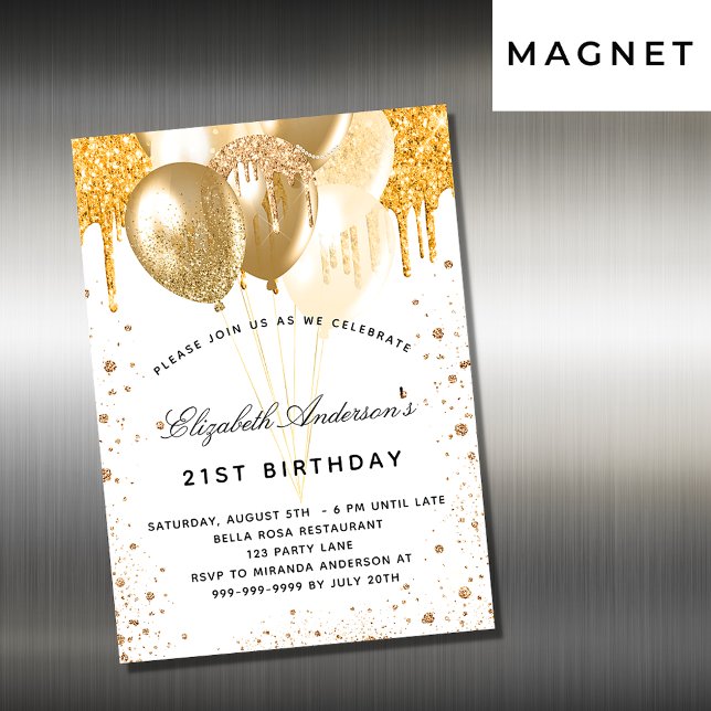 Invitation Magnétique Ballons d'or blanc anniversaire parties scintillan (Créateur téléchargé)