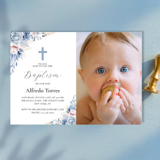 Invitation Magnétique Baptême de bébé photo florale bleu poussiéreux aqu