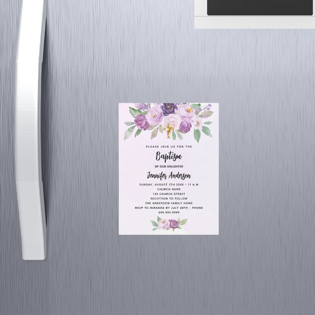 Invitation Magnétique Baptême violet fleurs verdure croisent luxe (Créateur téléchargé)
