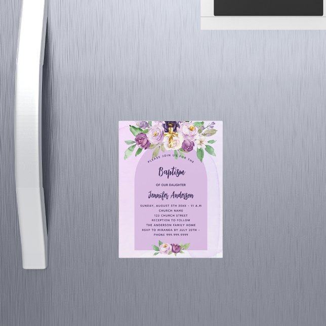 Invitation Magnétique Baptême violet fleurs violettes croisent fille lux (Créateur téléchargé)