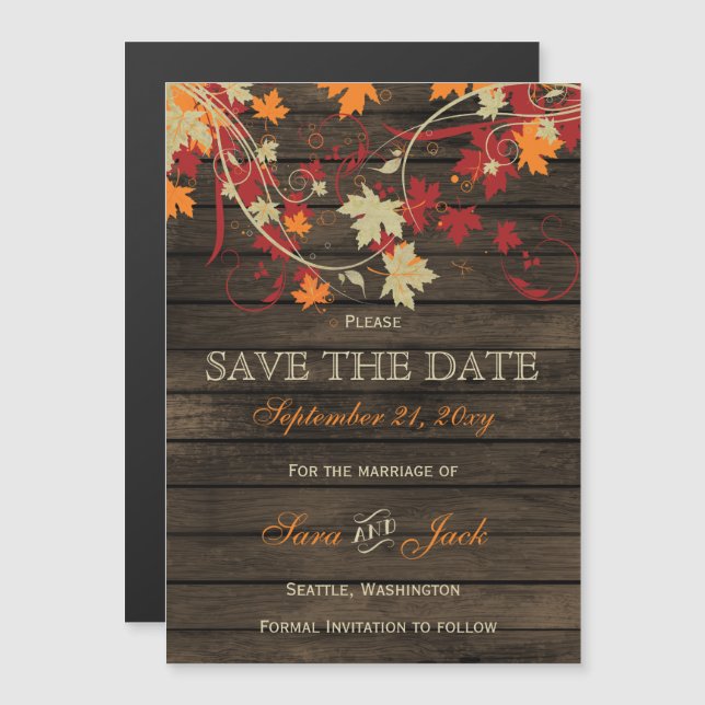 Invitation Magnétique Barn Wood Rustic Fall Leaves Mariage enregistrer l (Devant / Derrière)