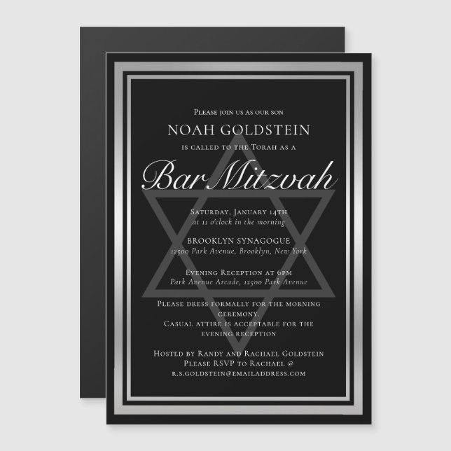 Invitation Magnétique Barre Formelle Noire Silver élégant Mitzvah (Devant / Derrière)