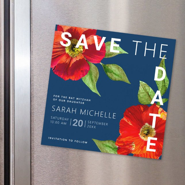 Invitation Magnétique Bat mitzvah bleu marine Enregistrer la date Floral (Créateur téléchargé)