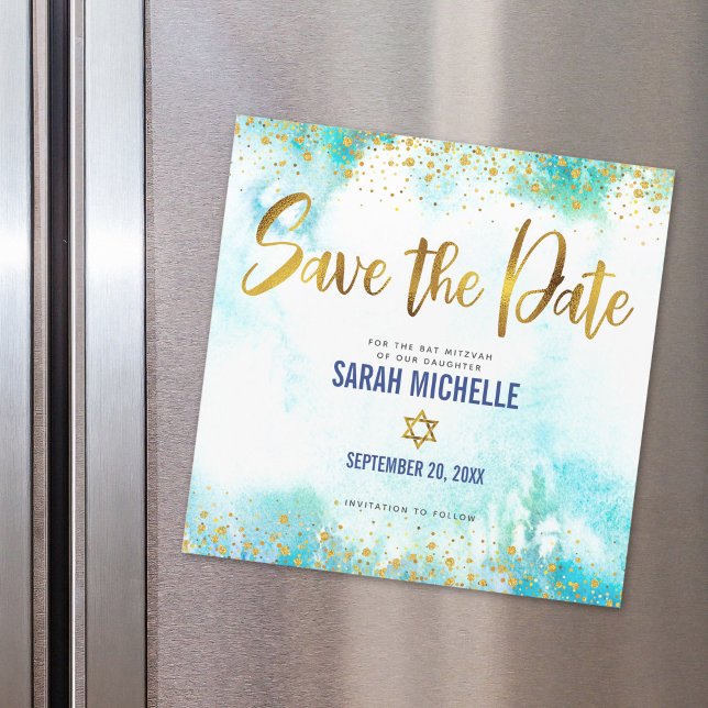 Invitation Magnétique Bat mitzvah Date de sauvegarde Gold Turquoise Aqua (Créateur téléchargé)