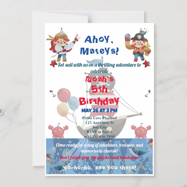Invitation Magnétique Beau thème bleu et rouge pirate (Recto)