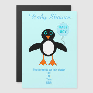 Invitation Magnétique Bébé Bleu mignon Pingouin Baby shower personnalisé