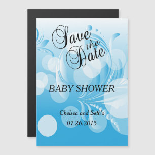 Invitation Magnétique Bébé doux Florid Bokeh bleu   Baby Boy Shower