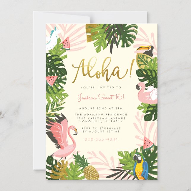 Invitation Magnétique Beige | Aloha Hawaii Tropical Gold Birthday Party (Recto)