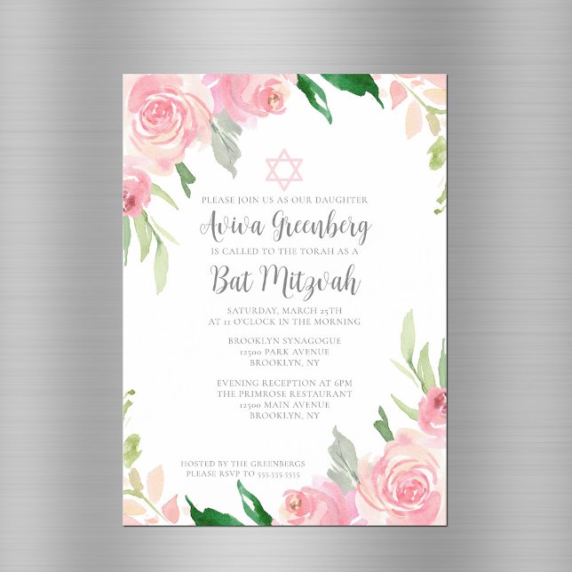 Invitation Magnétique Belle fête de Bat Mitzvah aux fleurs roses (Créateur téléchargé)