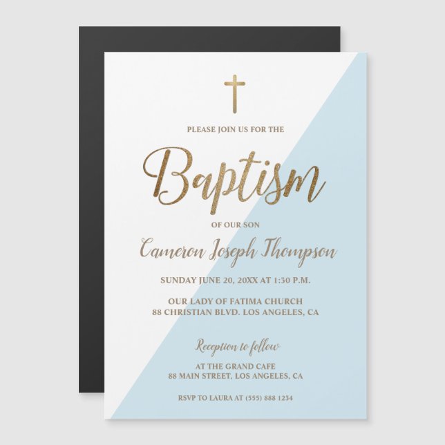 Invitation Magnétique Bénédiction d'or : Aimant d'invitation au baptême  (Devant / Derrière)