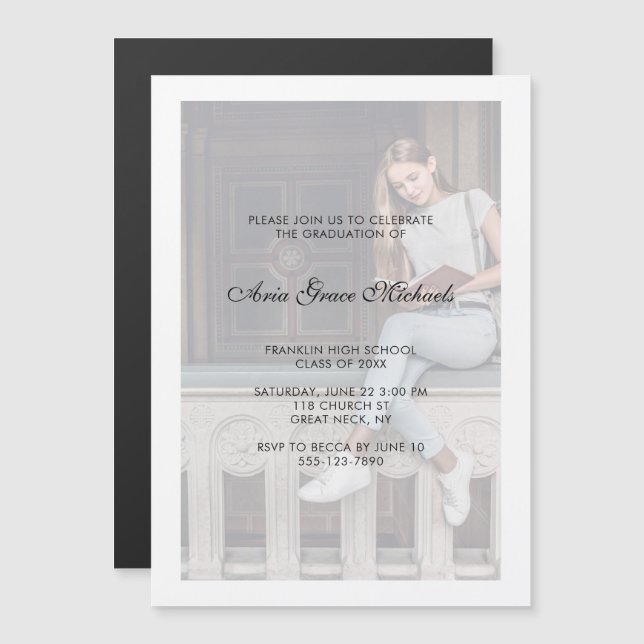 Invitation Magnétique Black and White Simple Photo Graduation Party (Devant / Derrière)