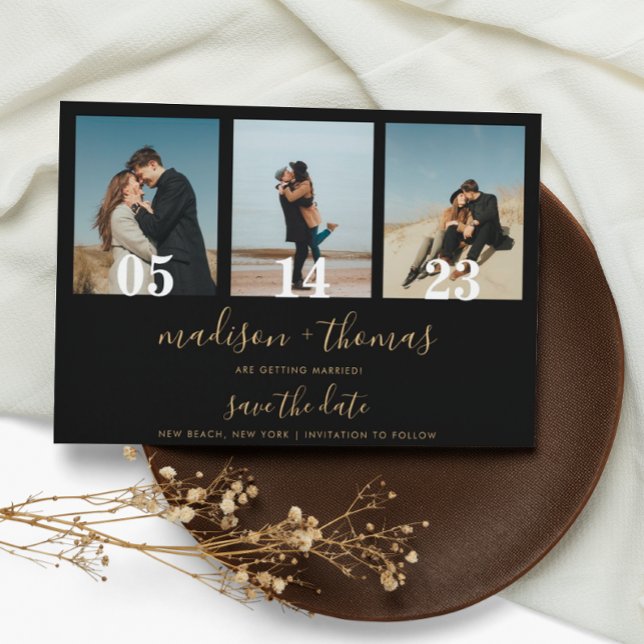 Invitation Magnétique Black Gold Script 3 Photo Wedding Enregistrer La D (Créateur téléchargé)