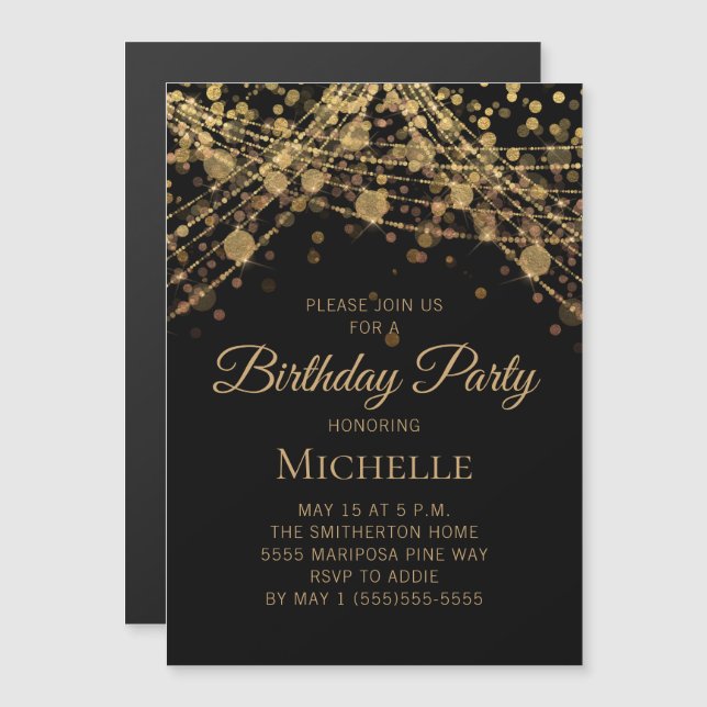 Invitation Magnétique Black Gold String éclaire n'importe quel âge Anniv (Devant / Derrière)