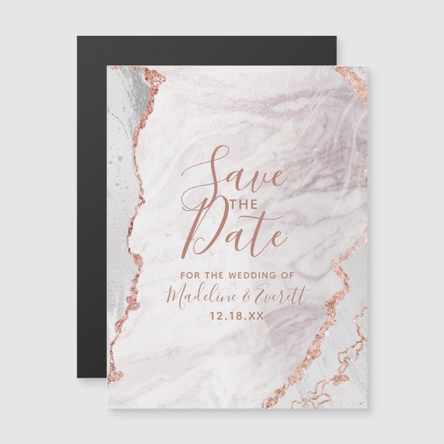 Invitation Magnétique Blanc & Rose Gold Agate Mariage Enregistrer la dat (Devant / Derrière)