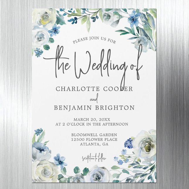 Invitation Magnétique Bleu Blanc Peony Floral Chic Spring Garden Mariage (Créateur téléchargé)