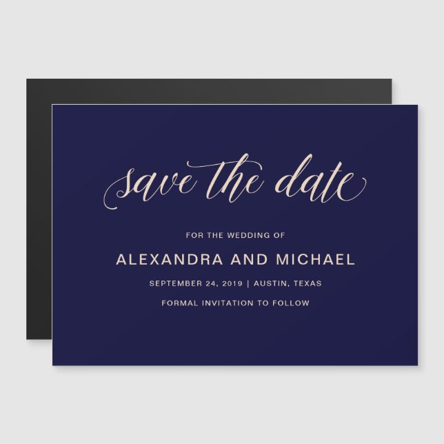 Invitation Magnétique Bleu de marine avec typographie de broussailles |  (Devant / Derrière)