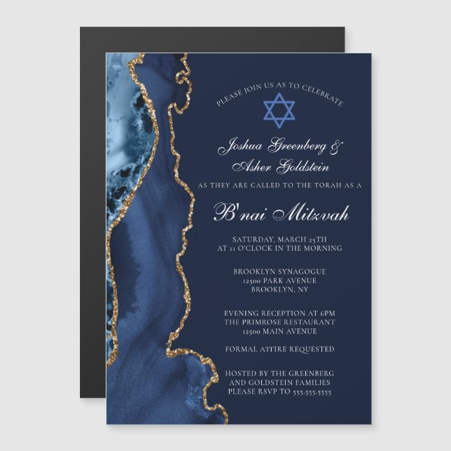 Invitation Magnétique Bleu marine or B'nai Mitzvah Fête élégante (Devant / Derrière)