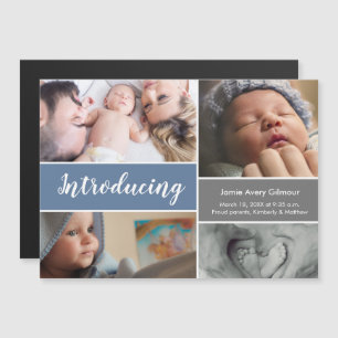 Invitation Magnétique bleu moderne Introduire le script bébé photo colla