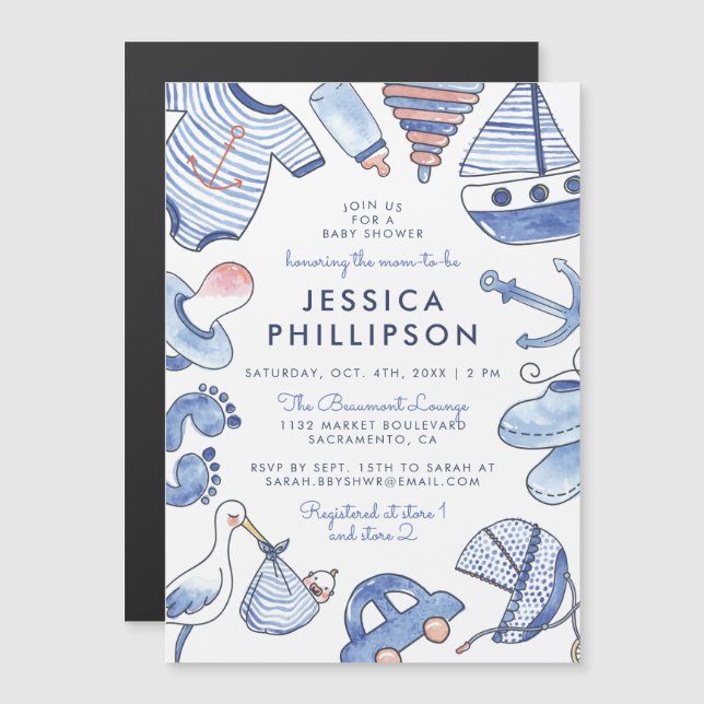 Invitation Magnétique Blue Baby Sailor| Aquarelle Baby shower nautique (Devant / Derrière)