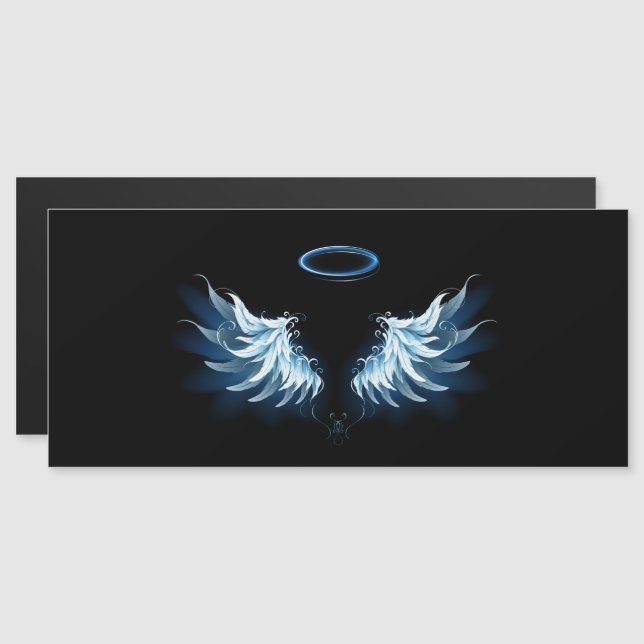 Invitation Magnétique Blue Glowing Angel Wings on black background (Devant / Derrière)