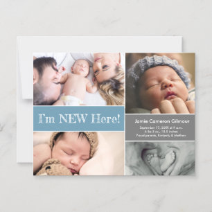 Invitation Magnétique Blue I'm New Here baby boy photo collage Custom