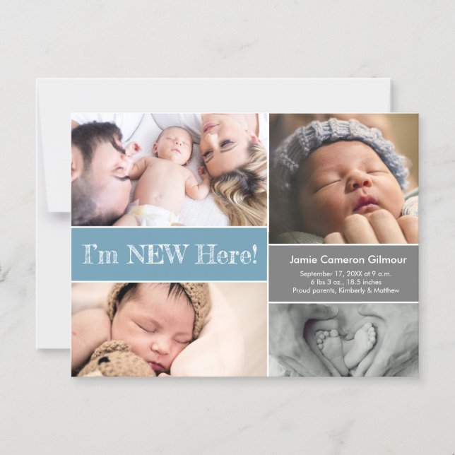 Invitation Magnétique Blue I'm New Here baby boy photo collage Custom (Recto)