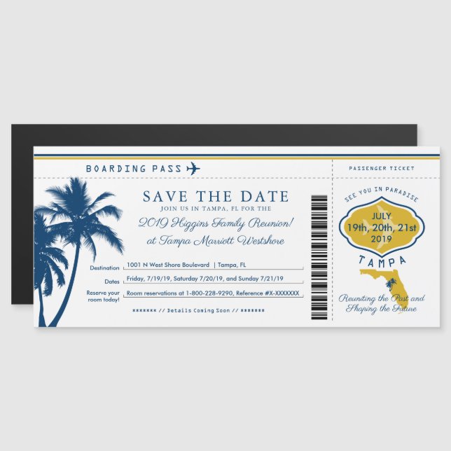 Invitation Magnétique Blue Palm Tree Gold Florida Boarding Pass (Devant / Derrière)