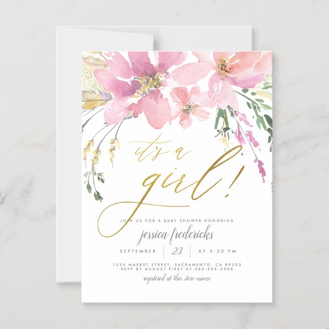 Invitation Magnétique Blush Pink & Gold C'est une fille Baby shower flor (Recto)